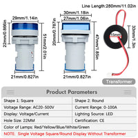 22MM AC 20-500V 0-100A LED Digital Voltmeter Ammeter Signal Lights 220V Voltage Current Meter Volt Amp Indicator Tester Detector thumbnail