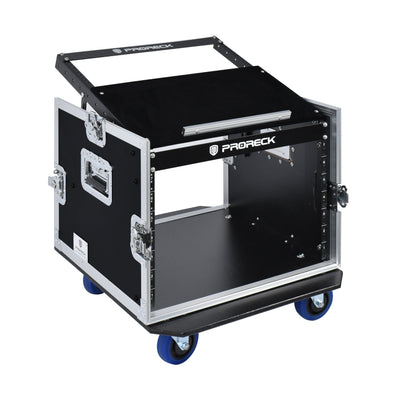 PRORECK 8U Rack/Road Case With Slant Mixer Top, And Casters, 20'' Rackable Depth, Plywood, 8U Installation Size, Pro Stage Perfo