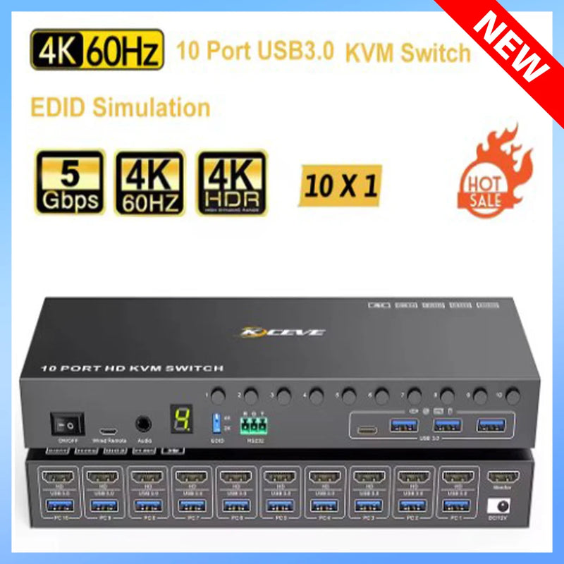 NEW 10 Port KVM Switch With EDID simulation HD-MIUSB3.0 KVM Switch for 10 Computer Share 1 Monitor 4 USB Device,With Audio RS232
