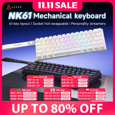 Ajazz NK61 Mechanical Wired Gaming Keyboard RGB Lighting Supports Hot-Swappable 61-Key Mechanical Wired Gaming Keyboard