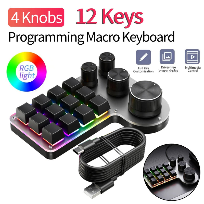 12 Keys 4 Knobs Programming Macro  Keyboard RGB USB Wired/Bluetooth-Compatible Photoshop Gaming Keypad Hot-swap Red Switch